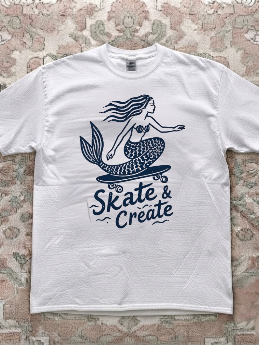 Skate & Create Mermaid Skateboard Ocean Waves Vintage White T-Shirt